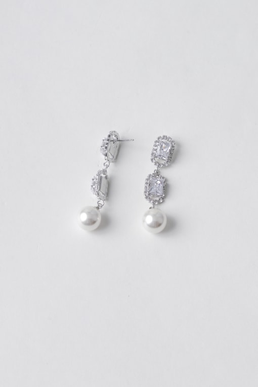Brinco Pendente Strass Com Ponta Pérola Prata
