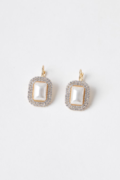 Brinco Retangular Pérola E Strass Branco