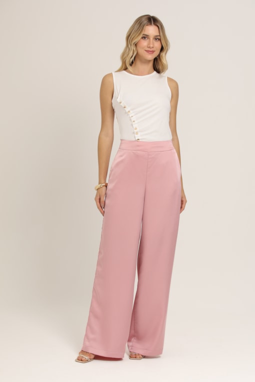 Calça Acetinada Pantalona Rosa