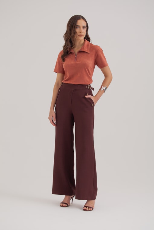 Calça Alfaiataria Cinto Embutido E Detalhe Bolsos Ameixa