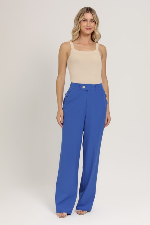 Calça Alfaiataria com Fivela  Azul