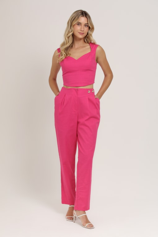 Calça Alfaiataria Detalhe Cós  Rosa