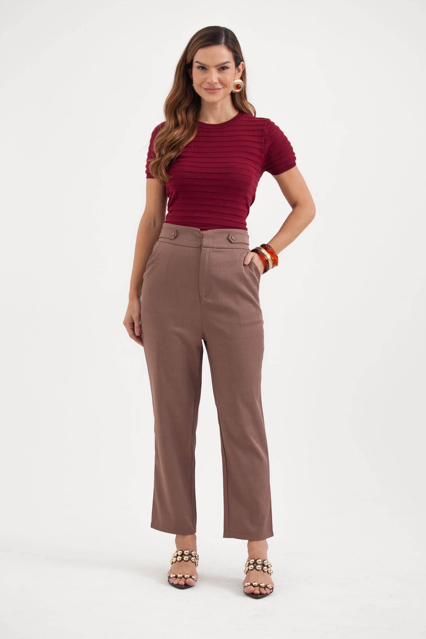 Calça Alfaiataria Martingale Cós E Elástico Marrom