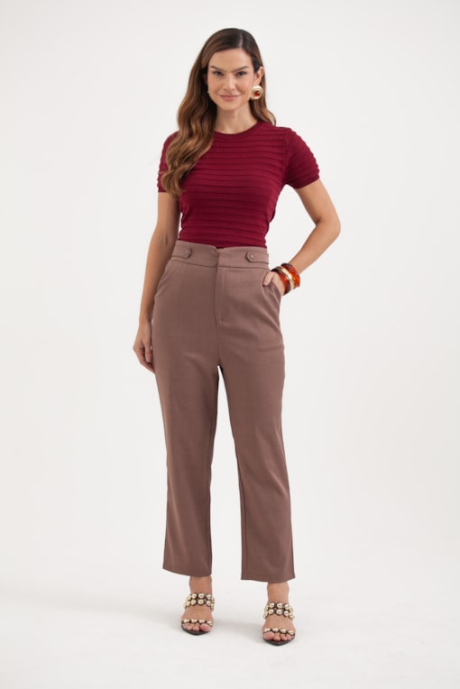 Calça Alfaiataria Martingale Cós E Elástico Marrom