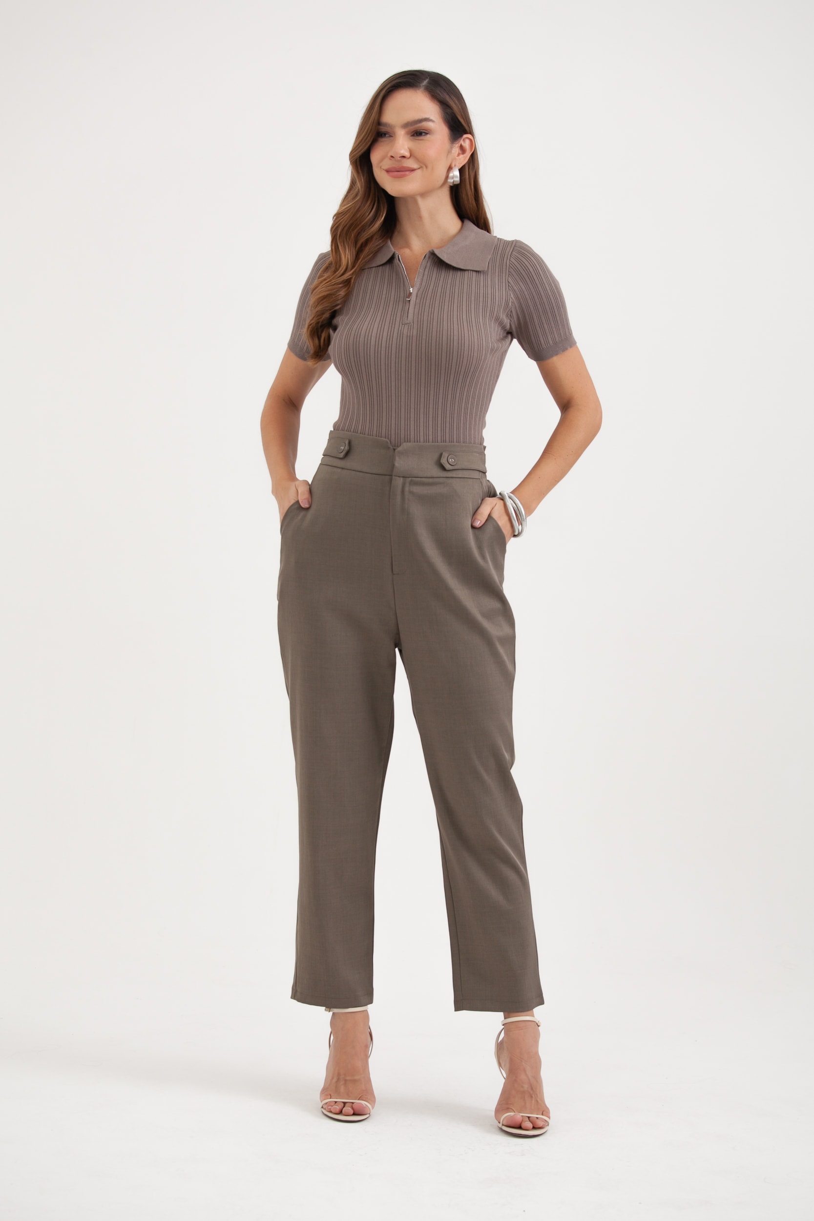Calça Alfaiataria Martingale Cós E Elástico Verde oliva
