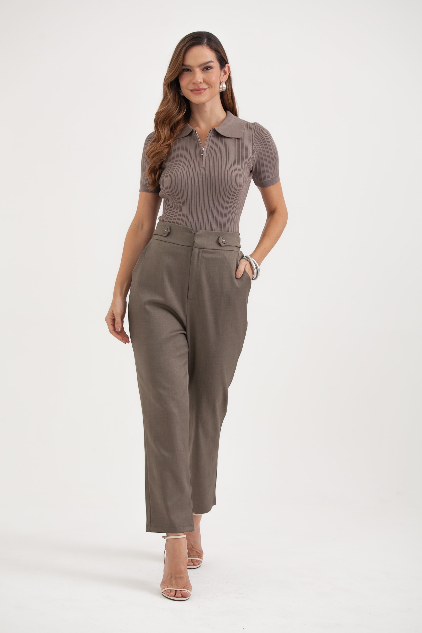 Calça Alfaiataria Martingale Cós E Elástico Verde oliva