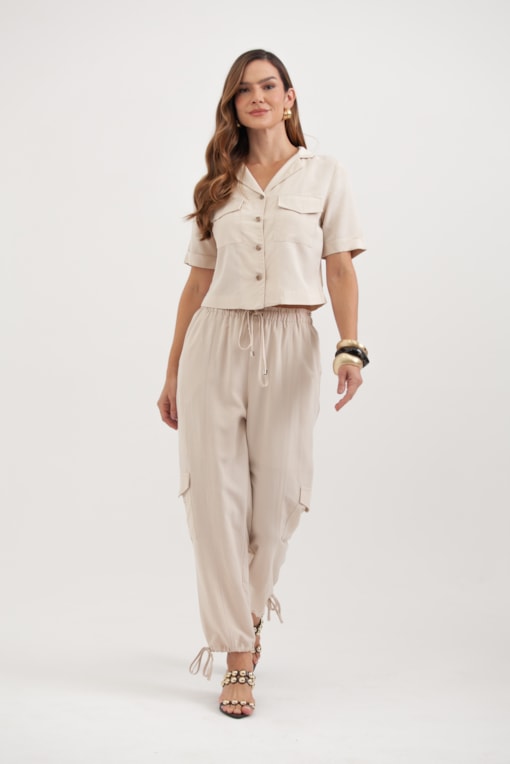 Calça Clochard Linho Com Bolsos E Amarração Bege