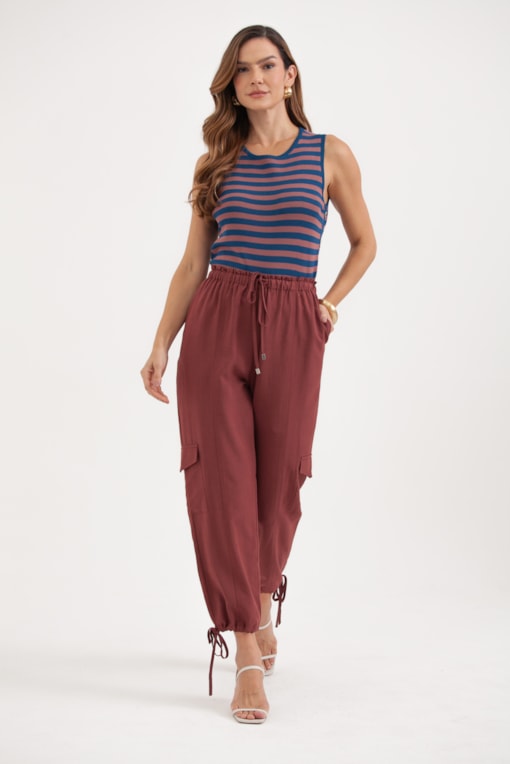 Calça Clochard Linho Com Bolsos E Amarração Marrom
