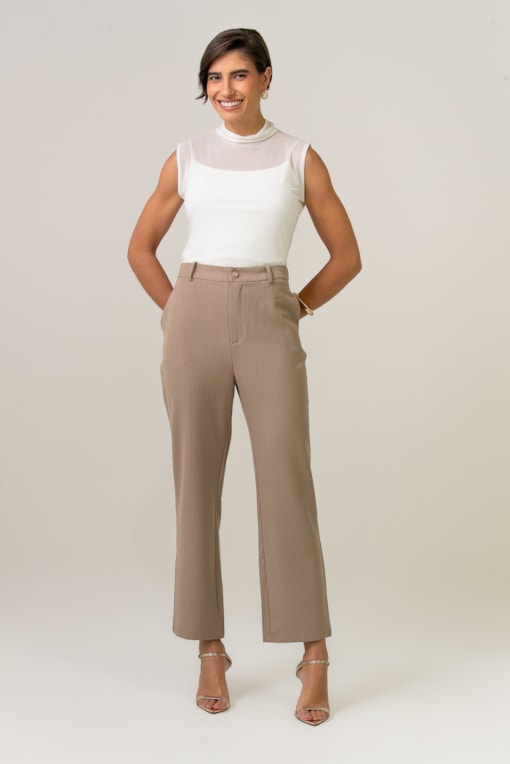 Calça De Alfaiataria Risca De Giz Bege