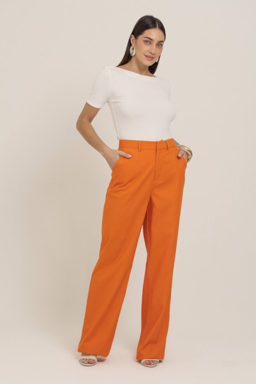 Calça De Linho Reta Laranja