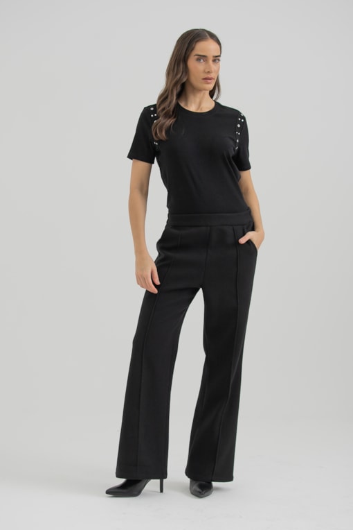 Calça Flare Com Recorte Preto