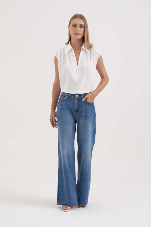 Calça Jeans Bolso Detalhe Trança Jeans