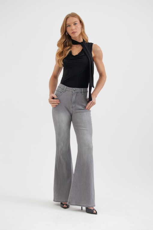 Calça Jeans Cinza Flare Cinza