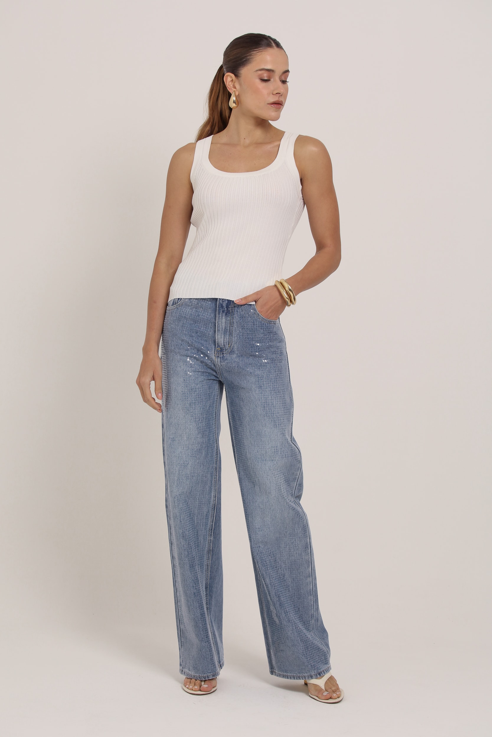 Calça Jeans Reta Com Brilho Jeans