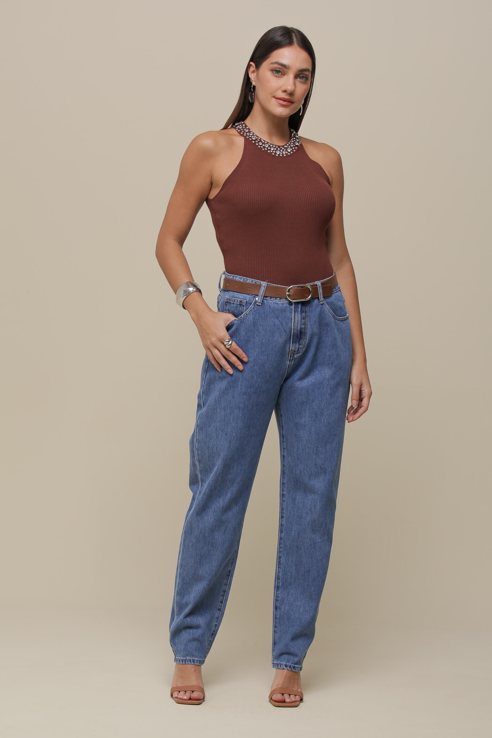 Calça Jeans Reta Com Cinto   Jeans