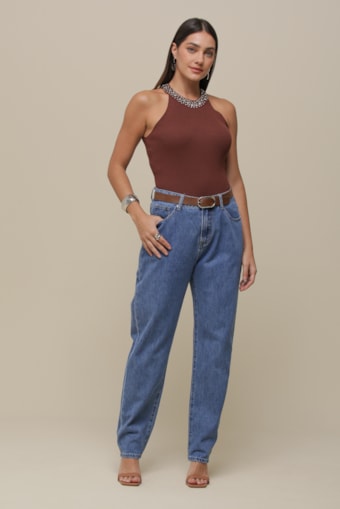 Calça Jeans Reta Com Cinto   Jeans