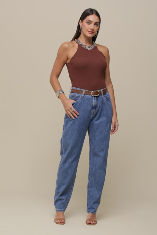 Calça Jeans Reta Com Cinto   Jeans