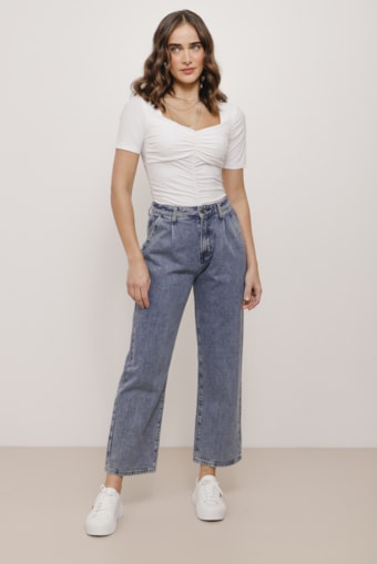 Calça Jeans Reta Com Pregas  Azul
