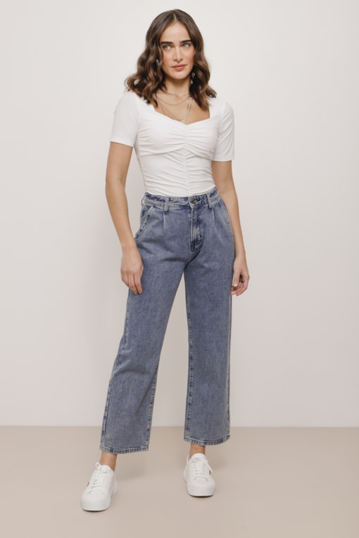 Calça Jeans Reta Com Pregas  Azul