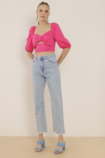 Calça Jeans Reta Cropped Azul