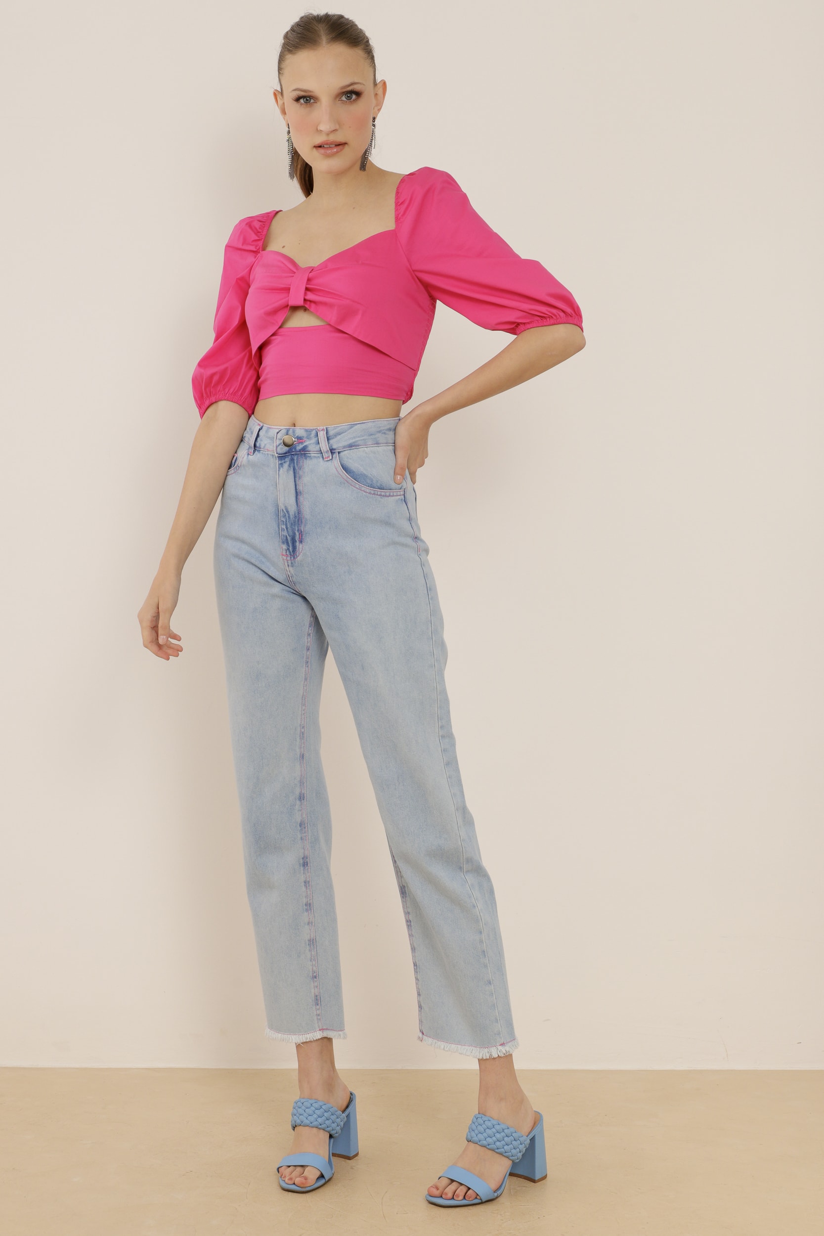 Calça Jeans Reta Cropped Azul