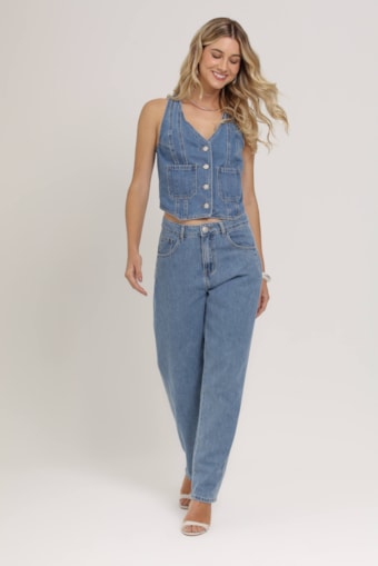 Calça Jeans Reta Detalhe Lateral  Jeans