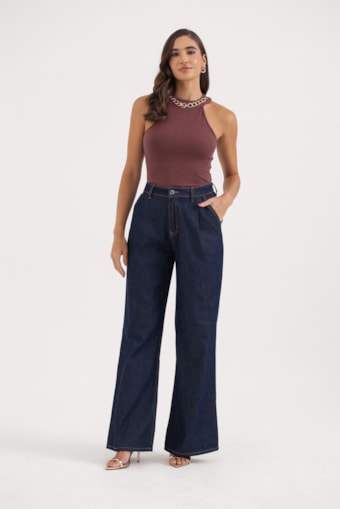 Calça Jeans Wide Leg Com Prega Jeans