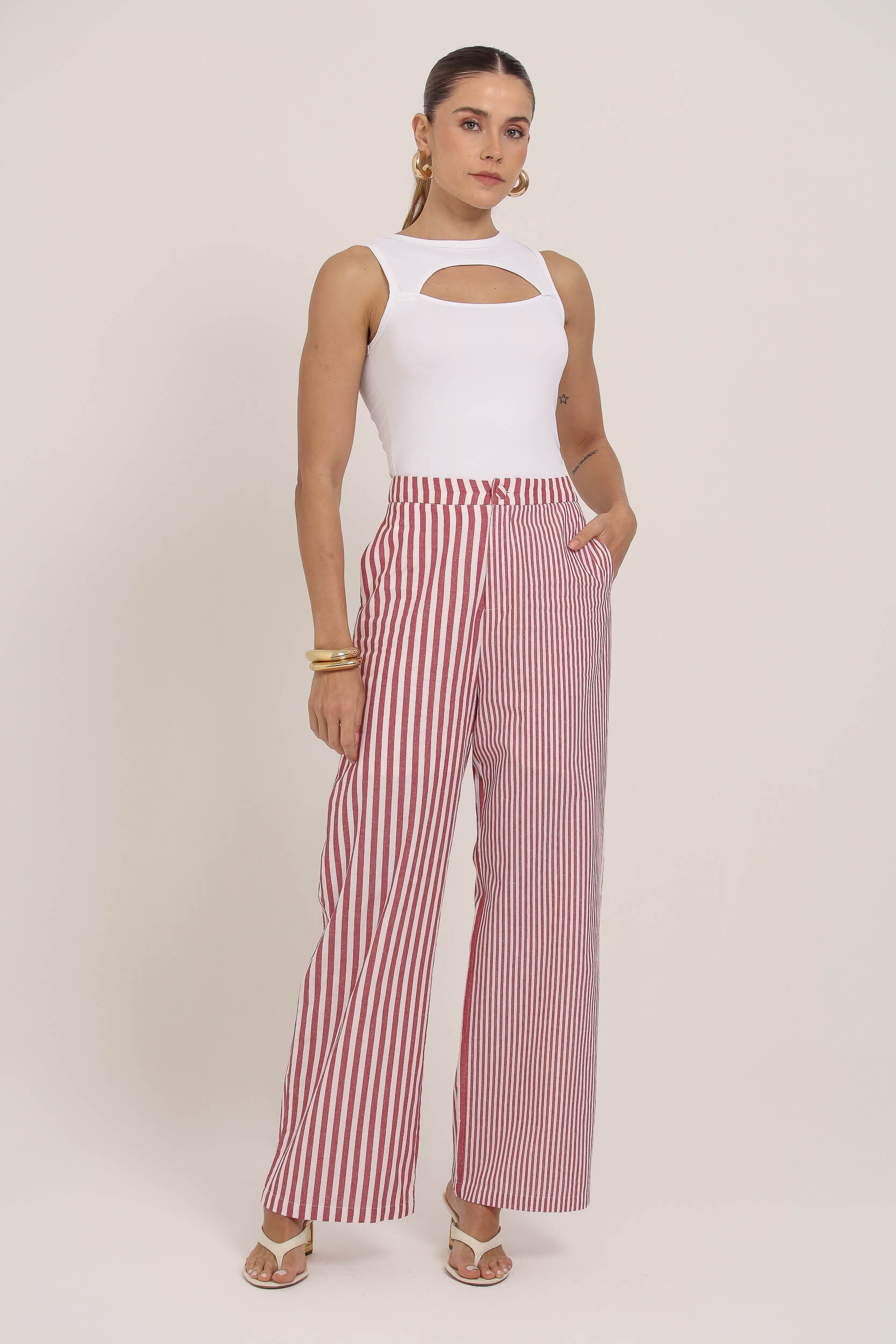 Calça Listrada Linho Vermelho