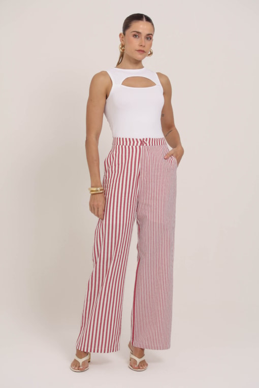 Calça Listrada Linho Vermelho