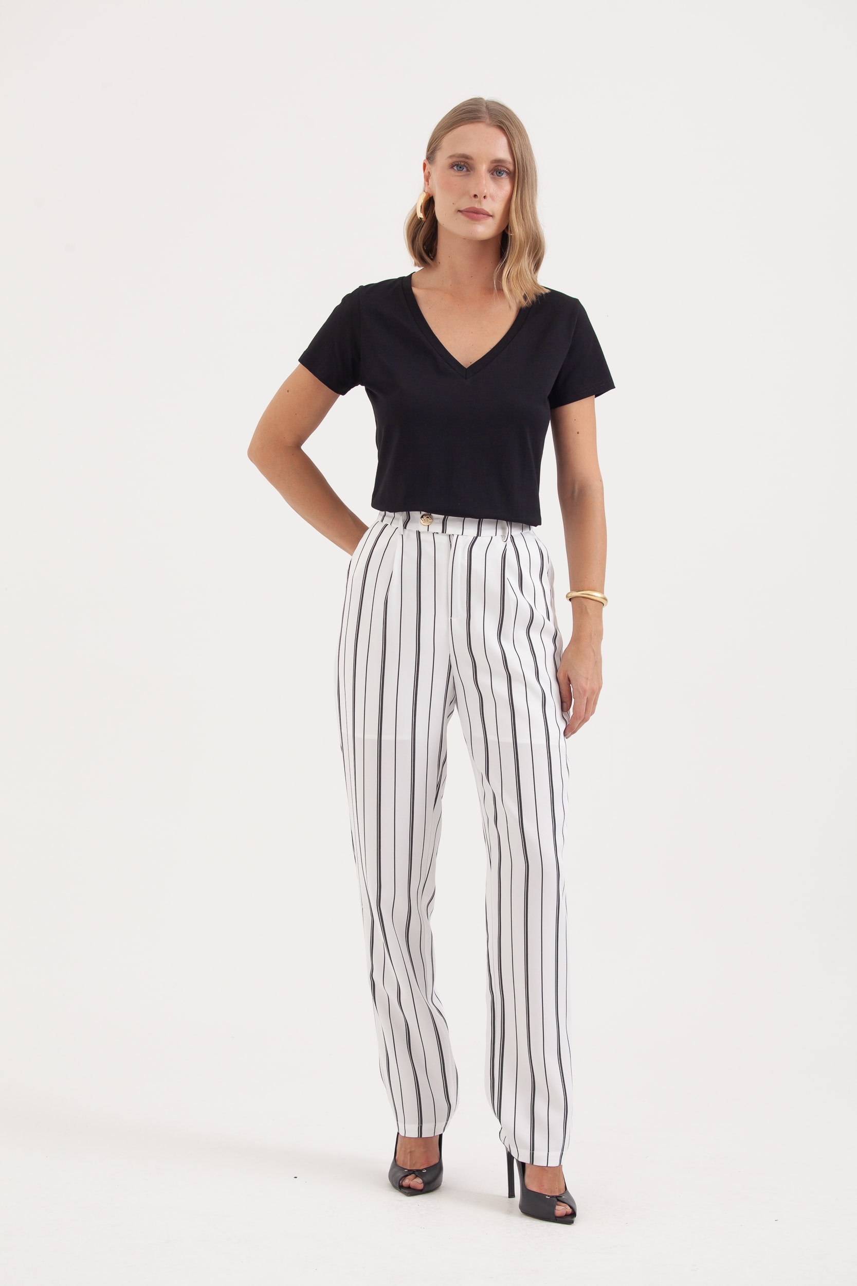Calça Listrada Reta Branco