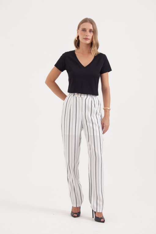 Calça Listrada Reta Branco