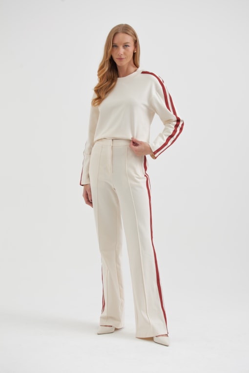 Calça Moletom Faixas Laterais Areia