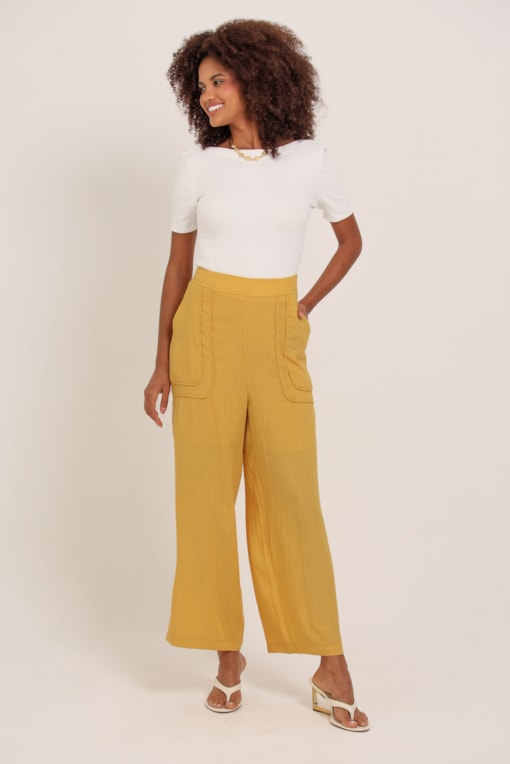 Calça Pantacourt Linho Amarelo