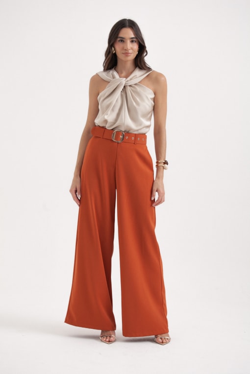 Calça Pantalona Com Cinto Ferrugem