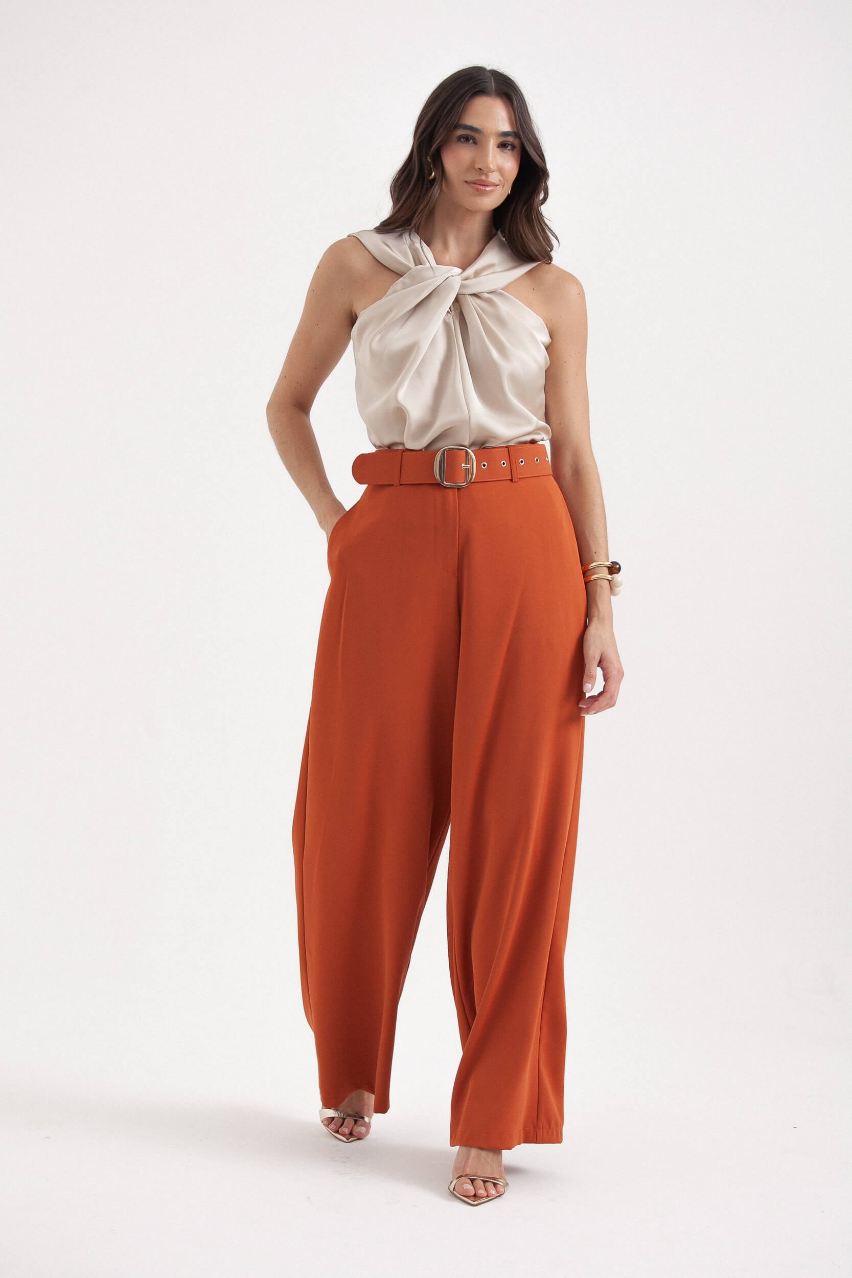 Calça Pantalona Com Cinto Ferrugem