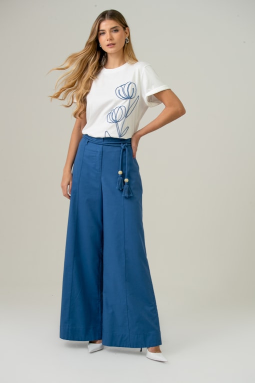 Calça Pantalona Com Cinto Macramê Azul