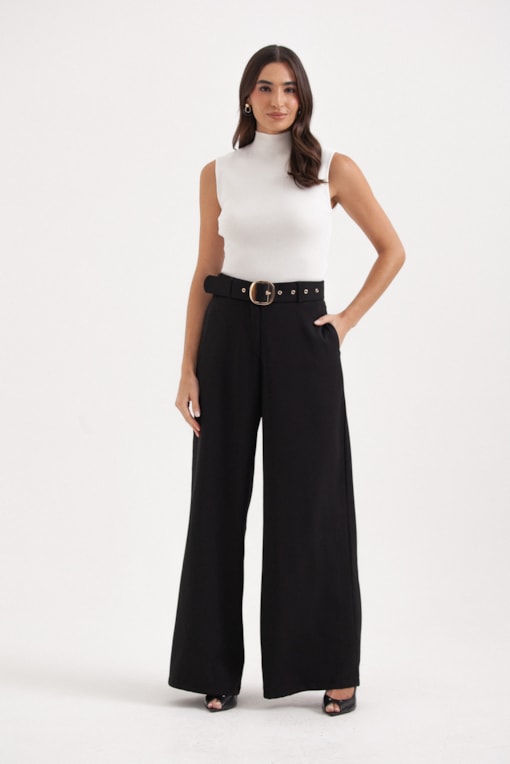 Calça Pantalona Com Cinto Preto