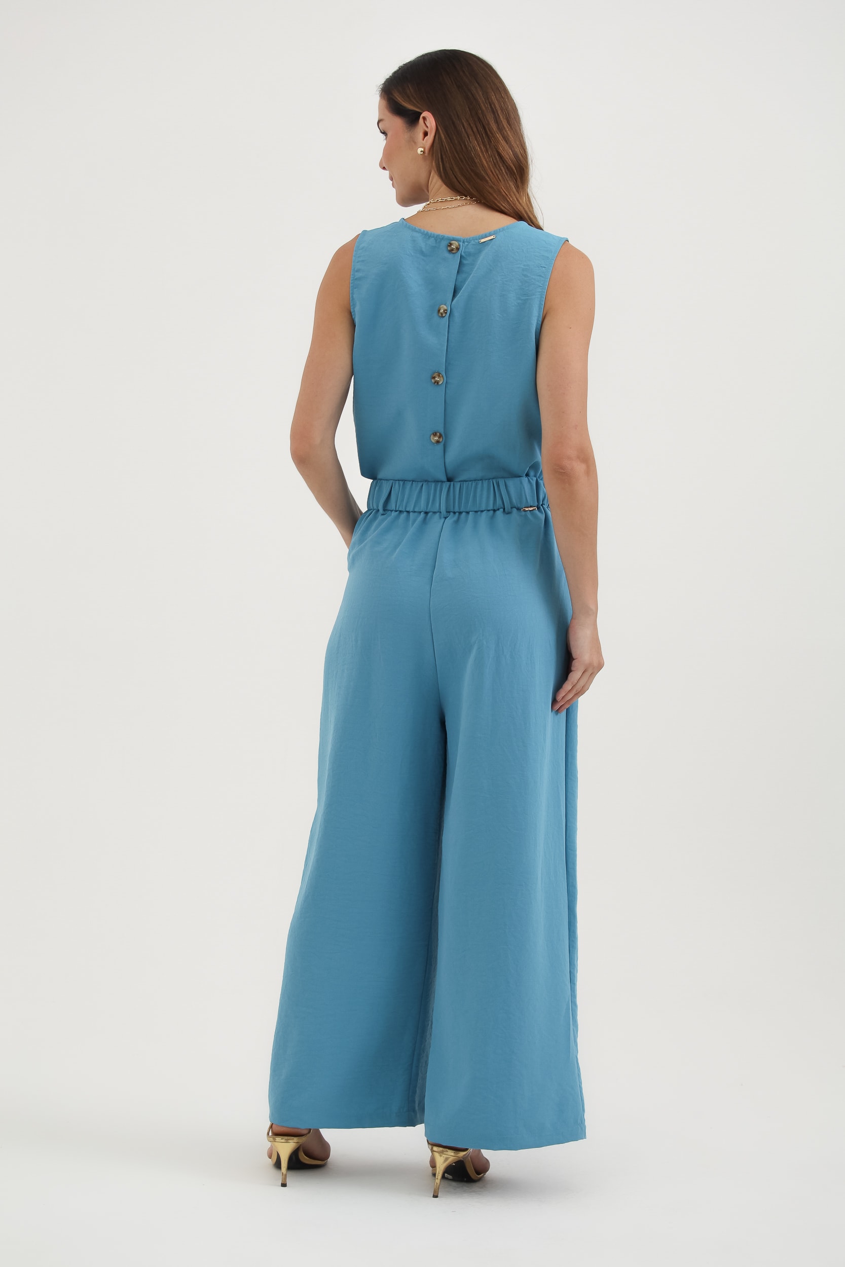 Calça Pantalona Com Pregas Azul
