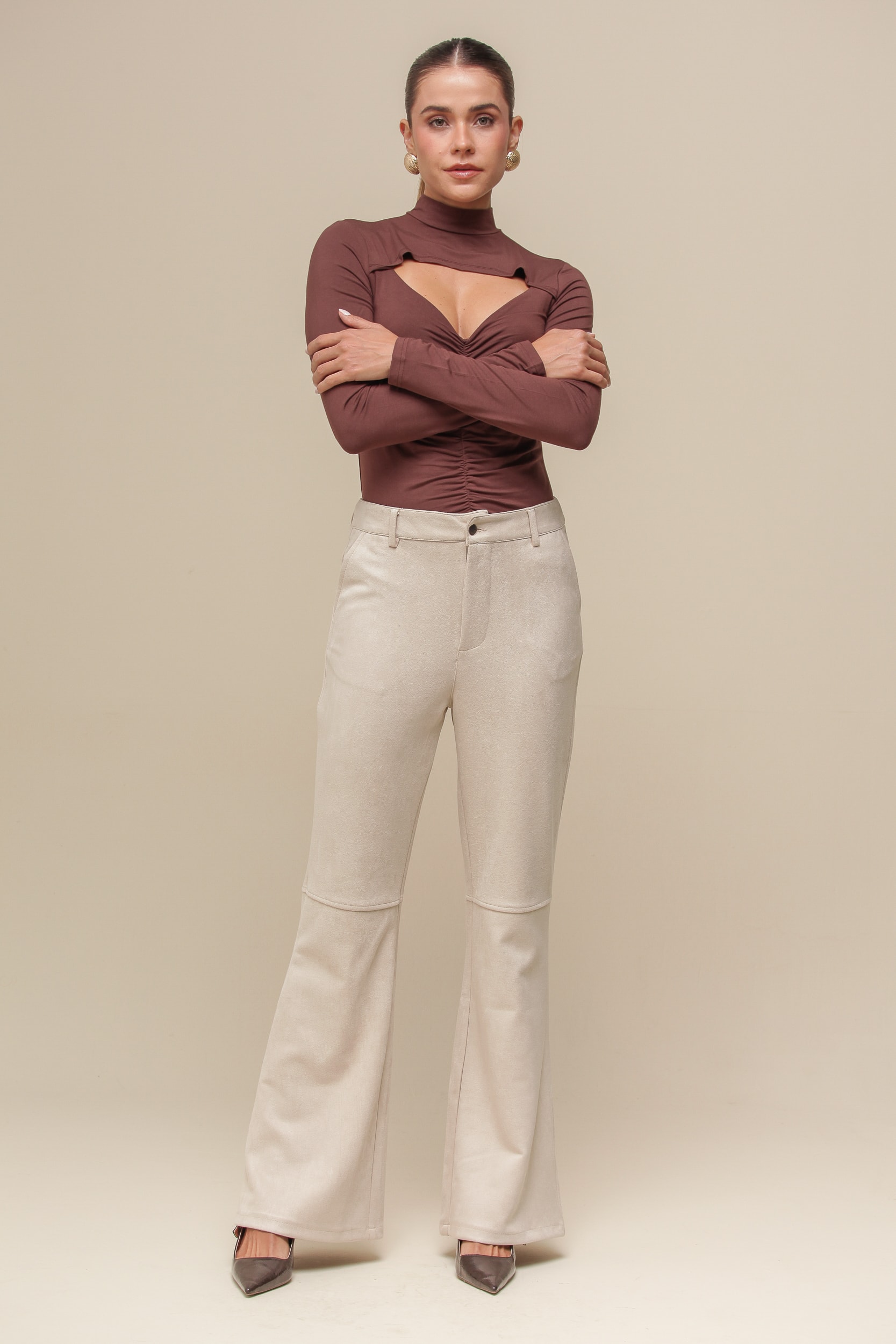 Calça Pantalona de Suede  Bege