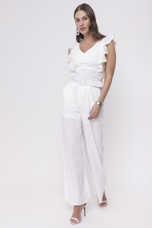 Calça Pantalona em Alfaiataria com Cinto Off-white
