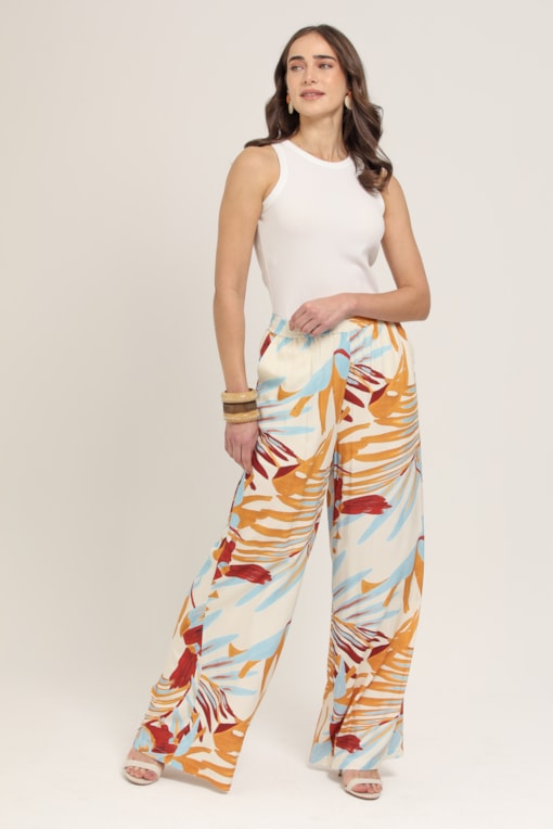 Calça Pantalona Estampa Aquarela do Brasil Laranja