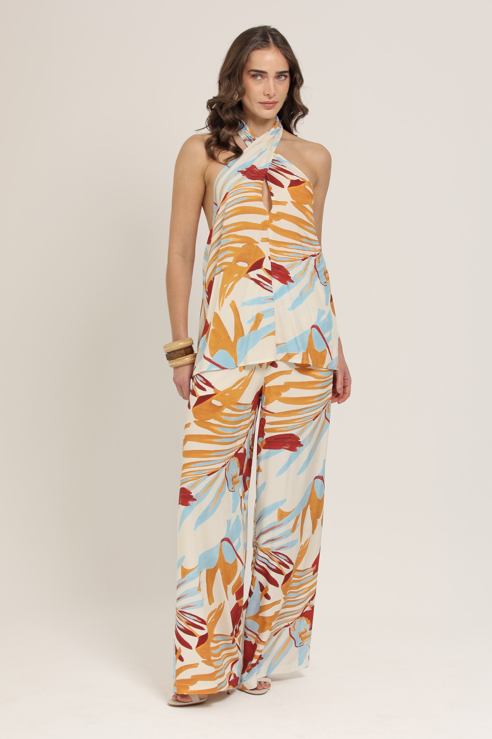 Calça Pantalona Estampa Aquarela do Brasil Laranja