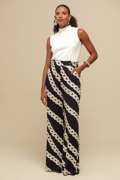 Calça Pantalona Estampada  Preto