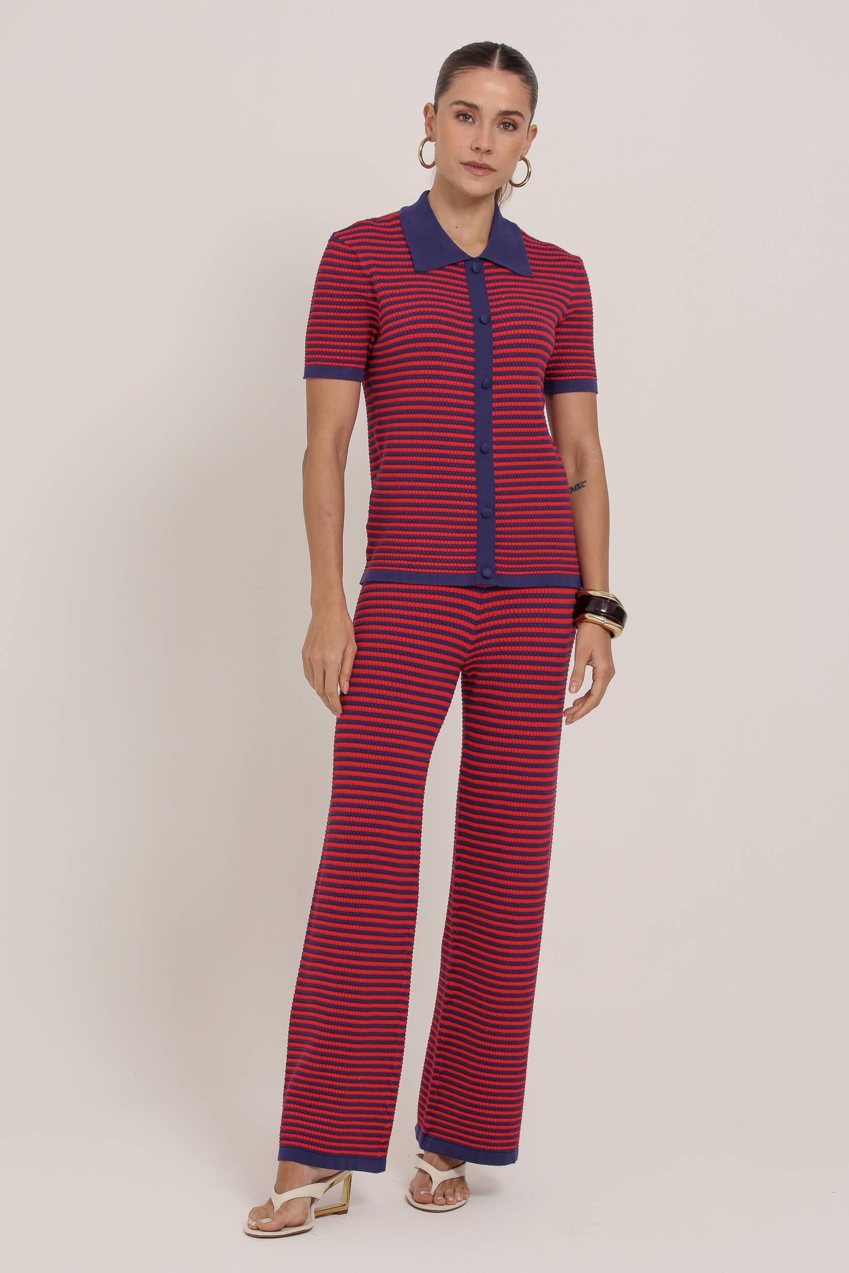 Calça Pantalona Listrada Tricot Vermelho