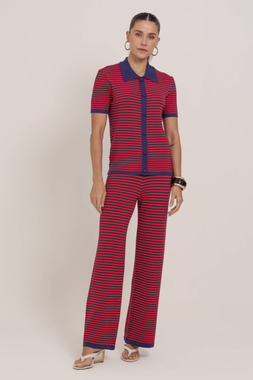 Calça Pantalona Listrada Tricot Vermelho