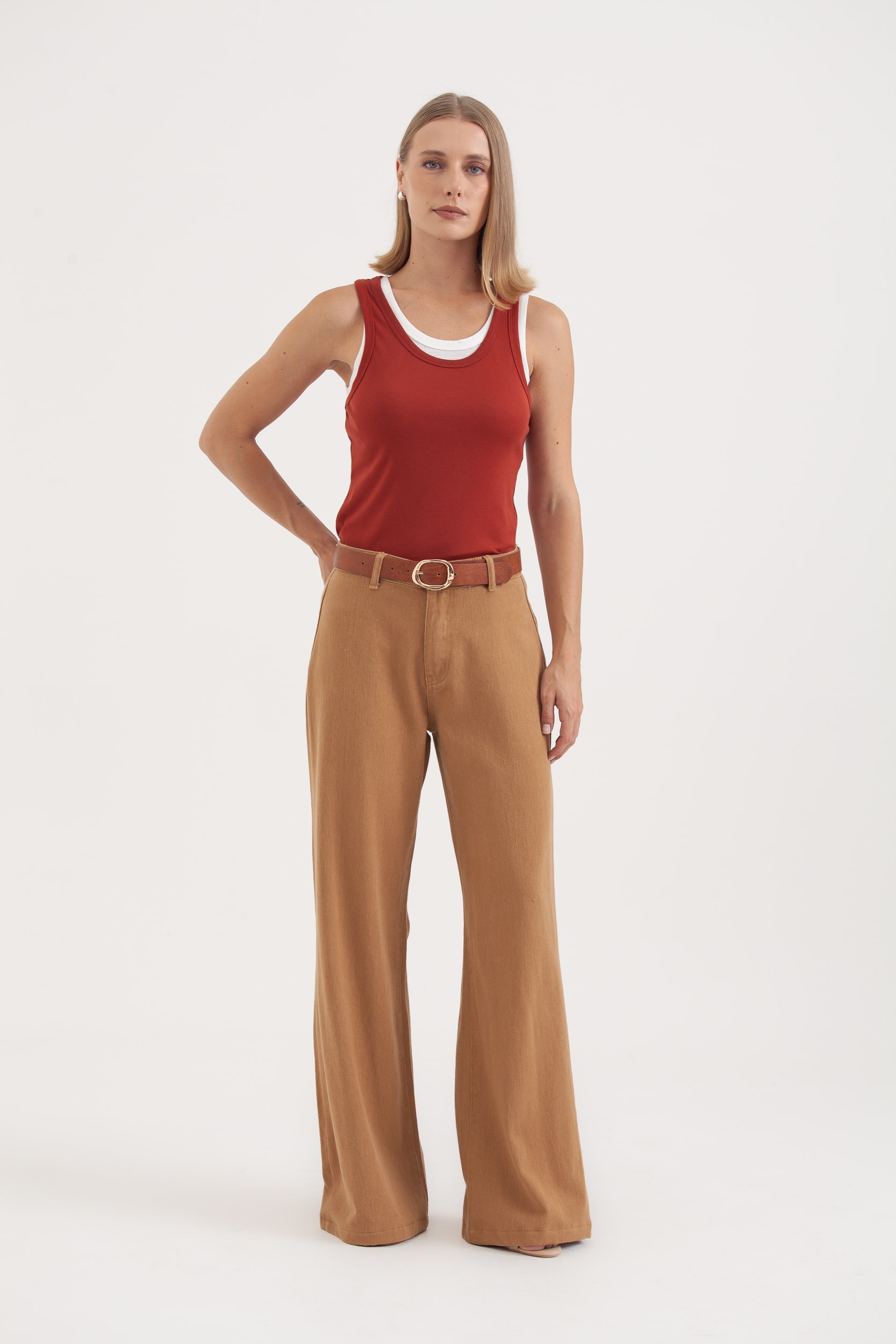 Calça Pantalona Sarja Caqui