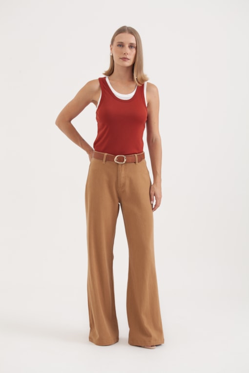 Calça Pantalona Sarja Caqui