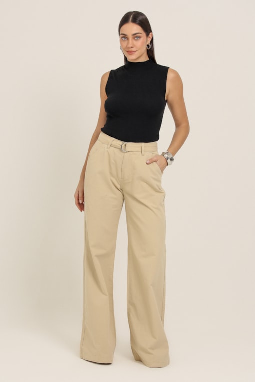 Calça Pantalona Sarja Com Faixa Bege