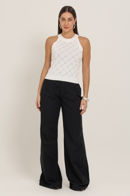 Calça Pantalona Sarja Com Faixa Preto