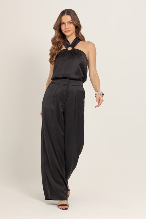 Calça Pantalona Textura Acetinada  Preto
